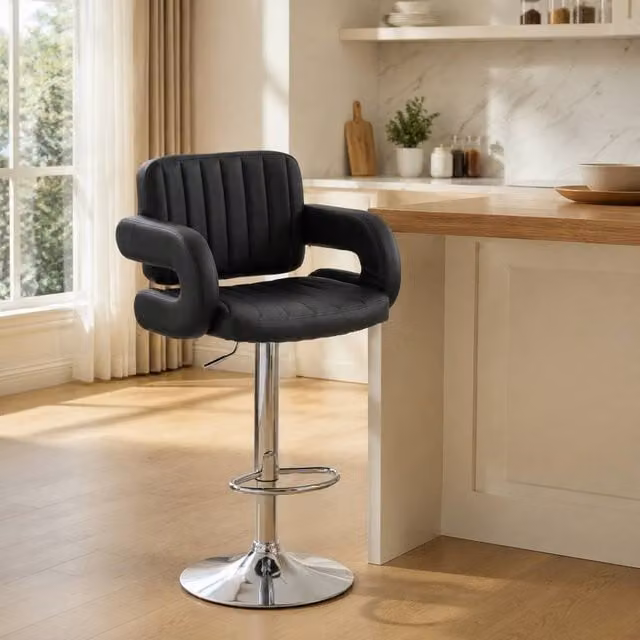 STILVORA Set of 2 Black Synthetic Leather Adjustable Swivel Bar Stools with Armrests – 1