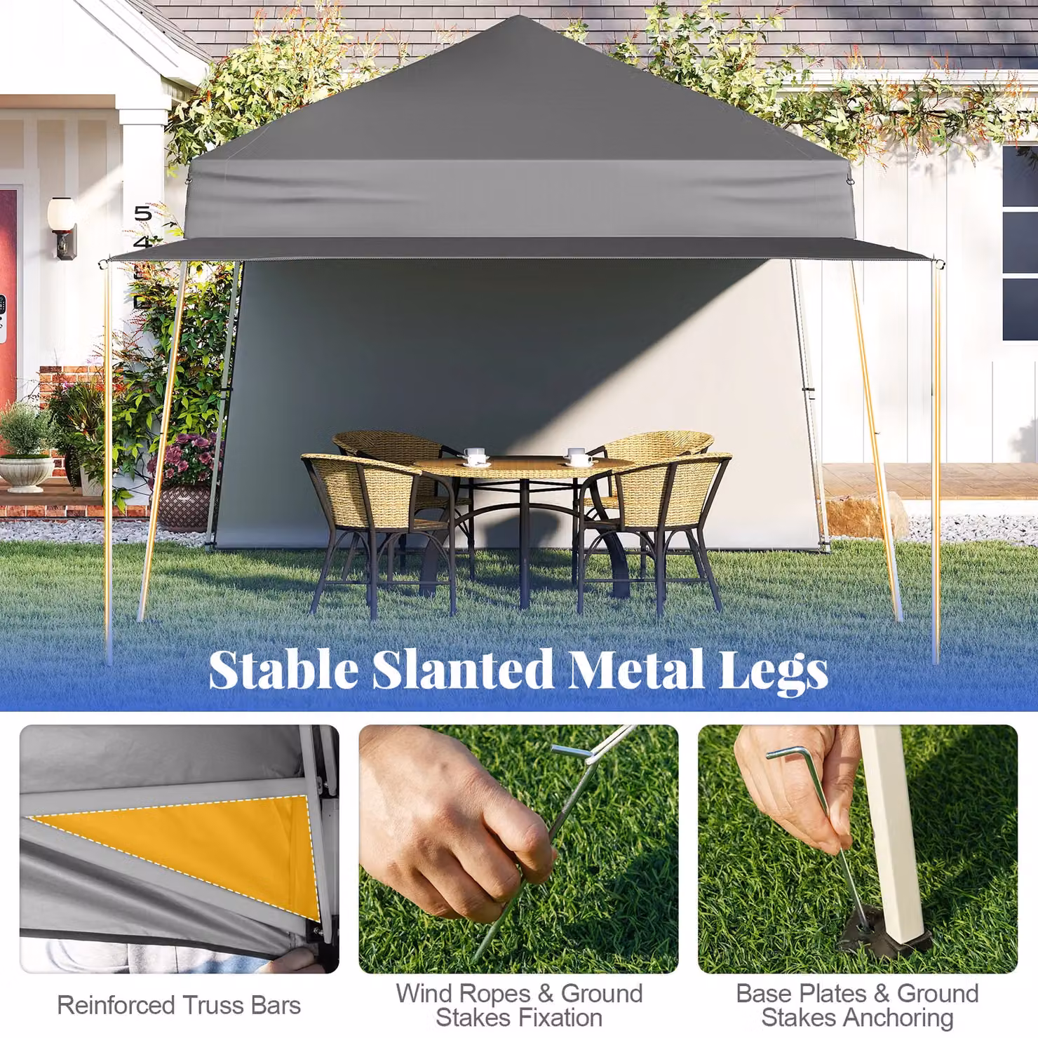 Gymax Pop up Canopy Tent with 2 Sidewalls in Grey, W: 426.7 cm x D: 279.9 cm – 6