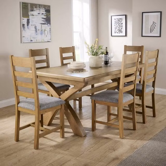 Home Source Rustic Oak Extendable Rectangular Dining Table and 6 Upholstered Chairs in Grey Check