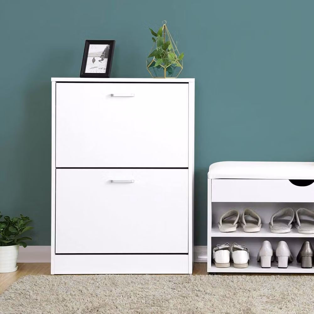 VASAGLE Slim White Matt Shoe Cabinet with Tilting Compartments and Internal Shelves – 2
