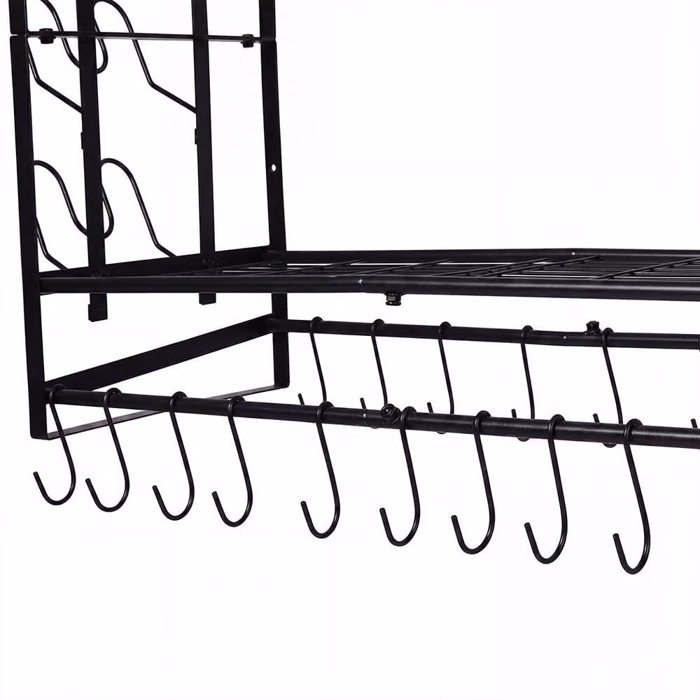 Toque Extra Long Wall Mounted 2 Tier Pot Rack and Pan Organiser in Black with 20 Movable Hooks and 6 Lid Holders, Width: 93.5 cm – 5