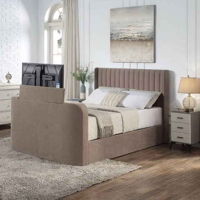 Aspire Kensington Wingback Chenille TV Bed with Ottoman Storage in Beige
