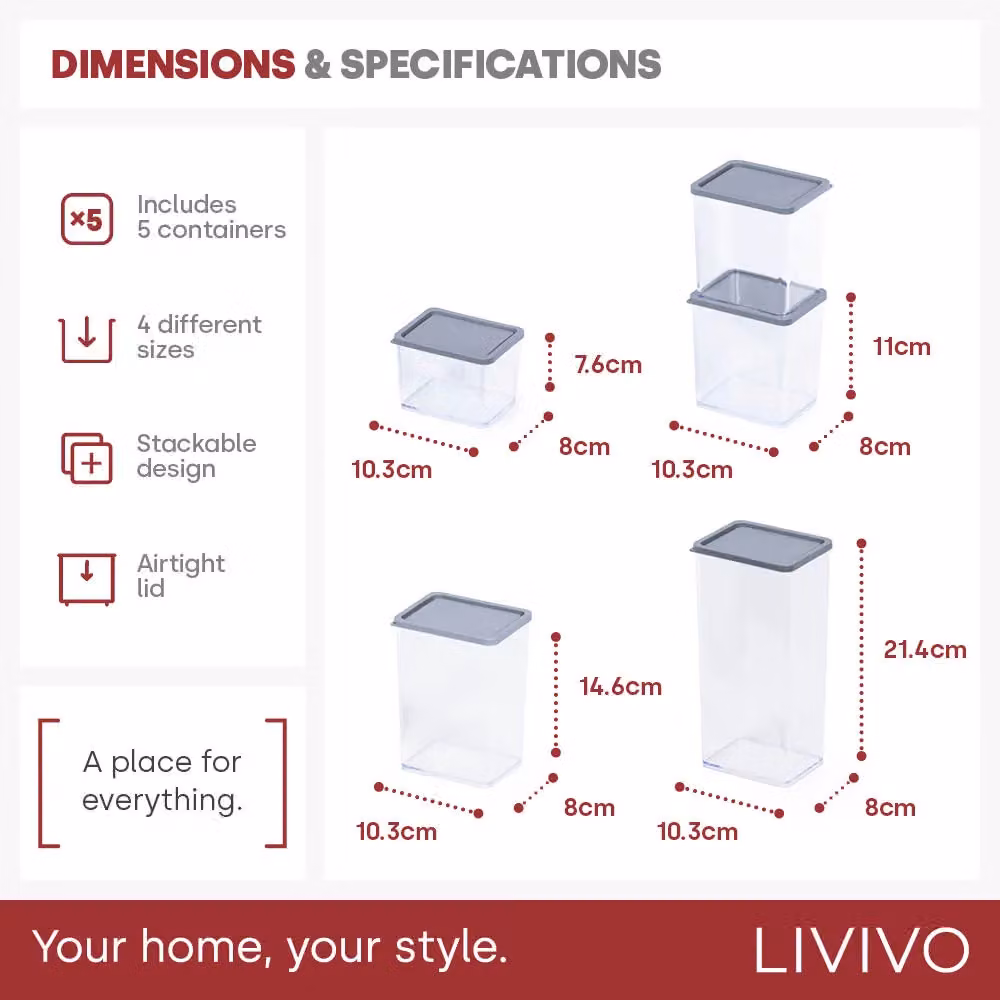 LIVIVO Set of 5 Airtight Plastic Food Storage Containers with Grey Lids and Transparent Bodies – 5