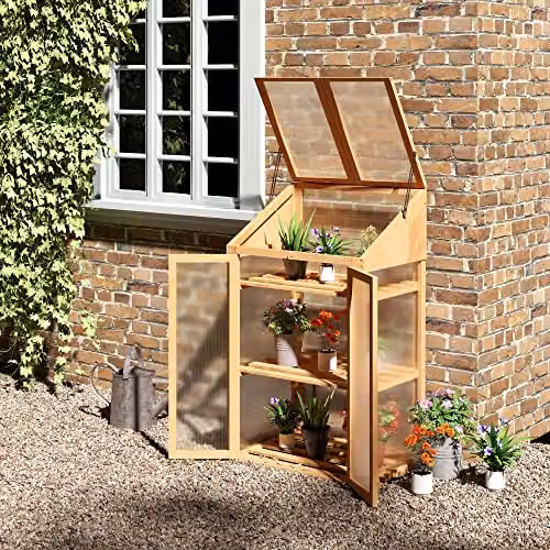 Outsunny Wooden Cold Frame Greenhouse with Polycarbonate and Shelving, Brown, W/D/H: 50 x 35 x 120 cm – 2
