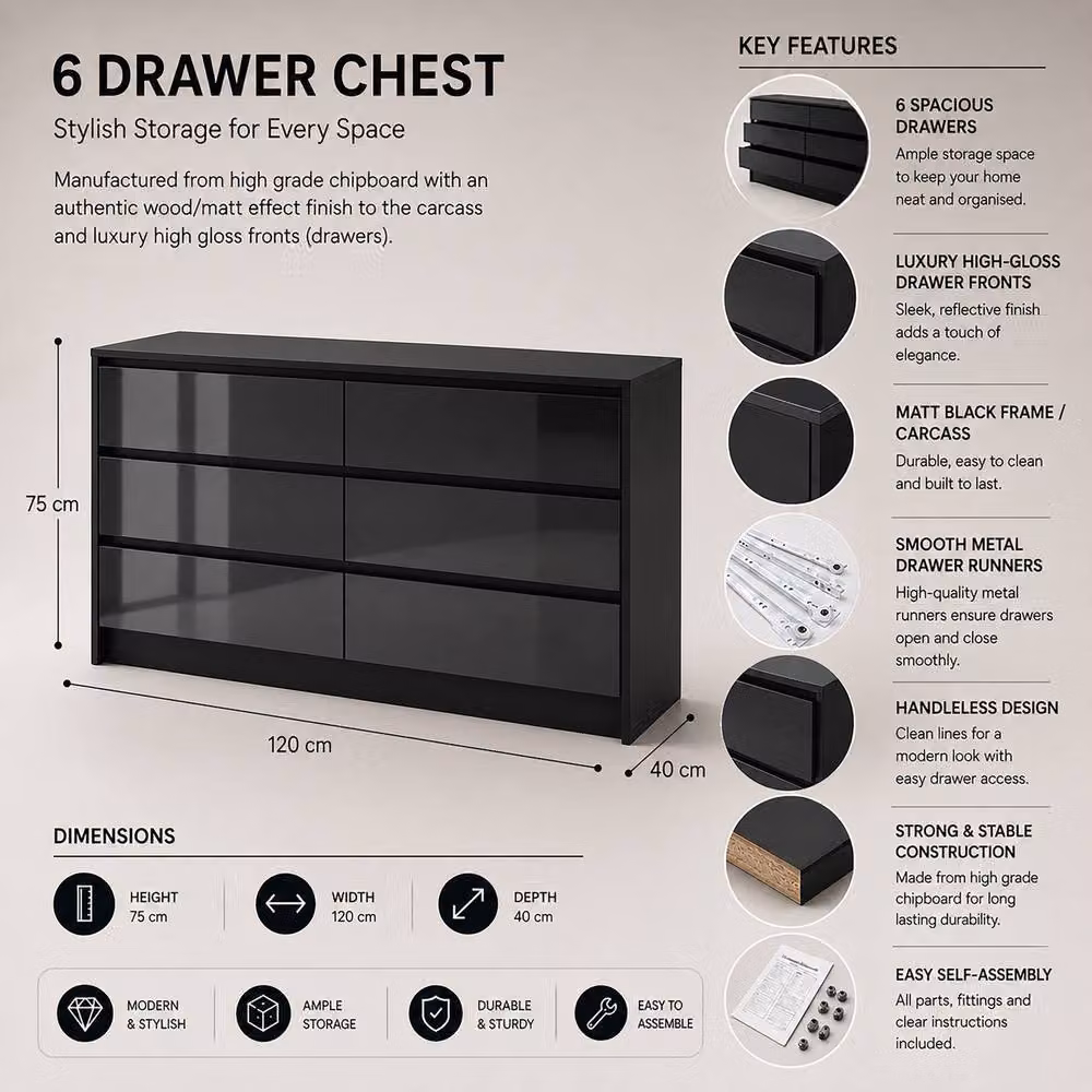 Harmin Luxury Black High Gloss Sleek Handleless 6 Drawer Chest of Drawers – 2