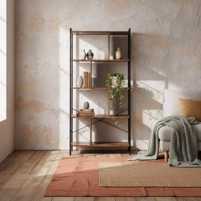 Wyld Haus Nofaluno 5 Tier Industrial Metal and Wood Shelf in Rustic Brown and Black, H: 157.5 cm x W: 74 cm x D: 30 cm – 1