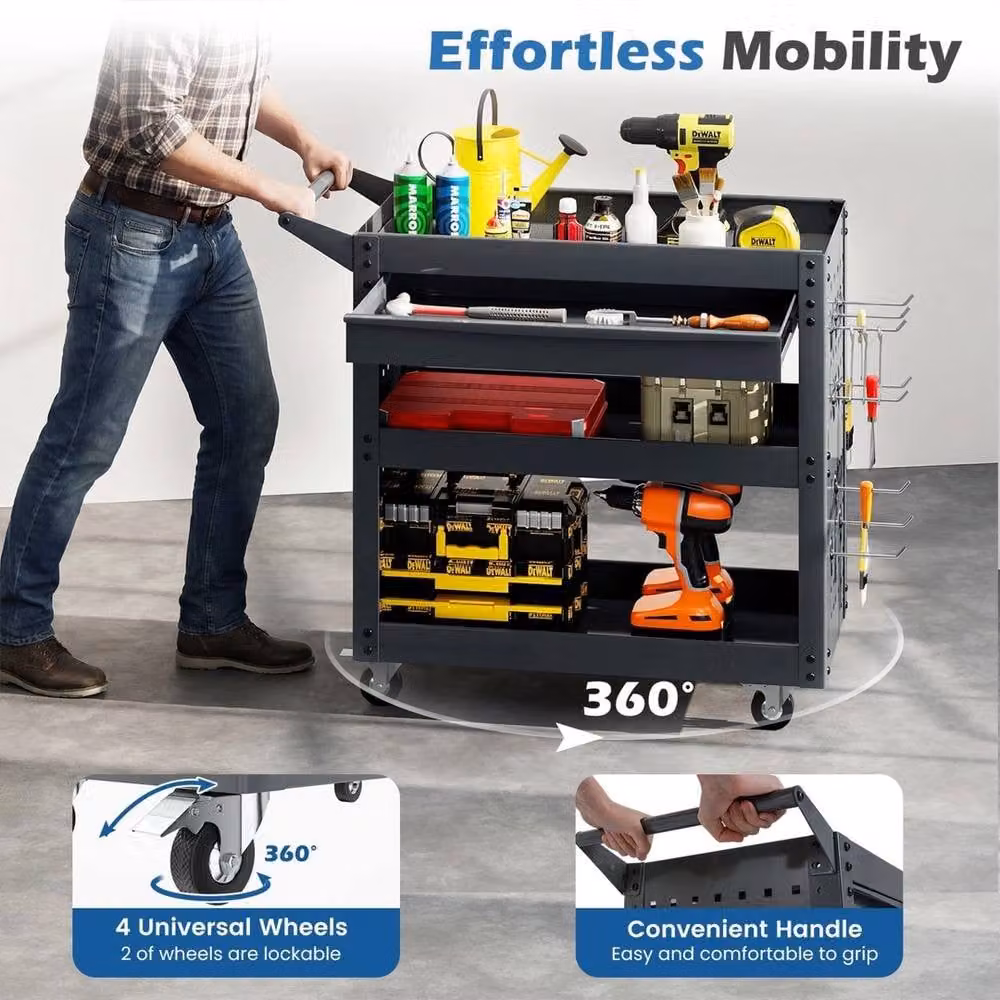 VOGREX 3 Tier Steel Metal Mechanic Tool Trolley and Organizer in Grey, W/D/H: 73 x 35 x 35 cm – 4