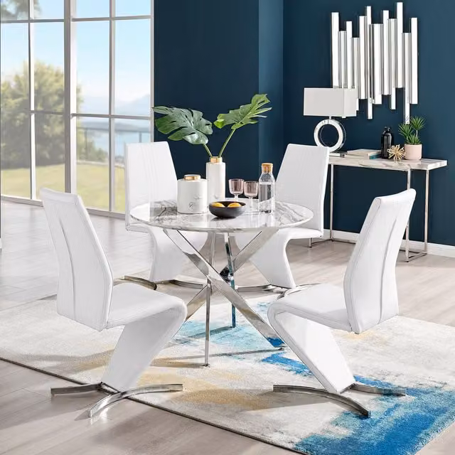 FurnitureboxUK Novara Round White Marble Effect Dining Table and 4 Willow Chairs in White and Silver
