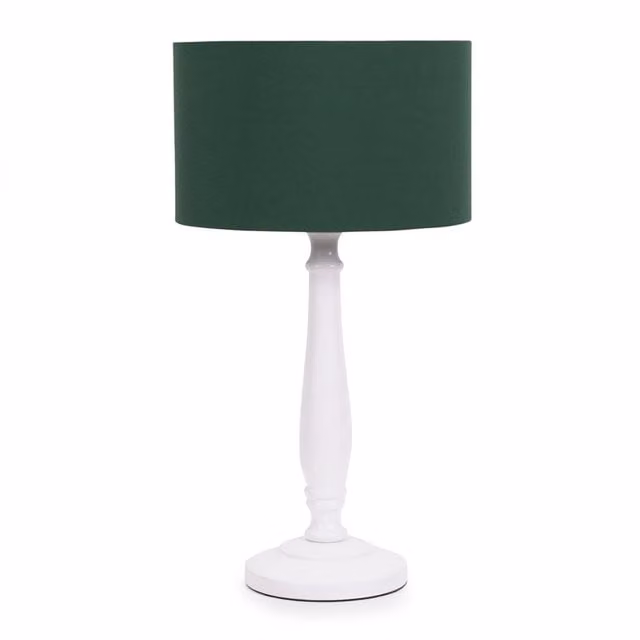 ValueLights Victoria White Table Lamp with Green Fabric Drum Shade and Wood Base