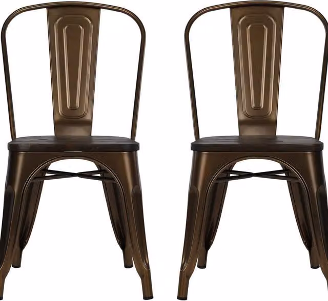 Fusion Set of 2 Metal and Wood Dining Chairs in Antique Bronze and Brown