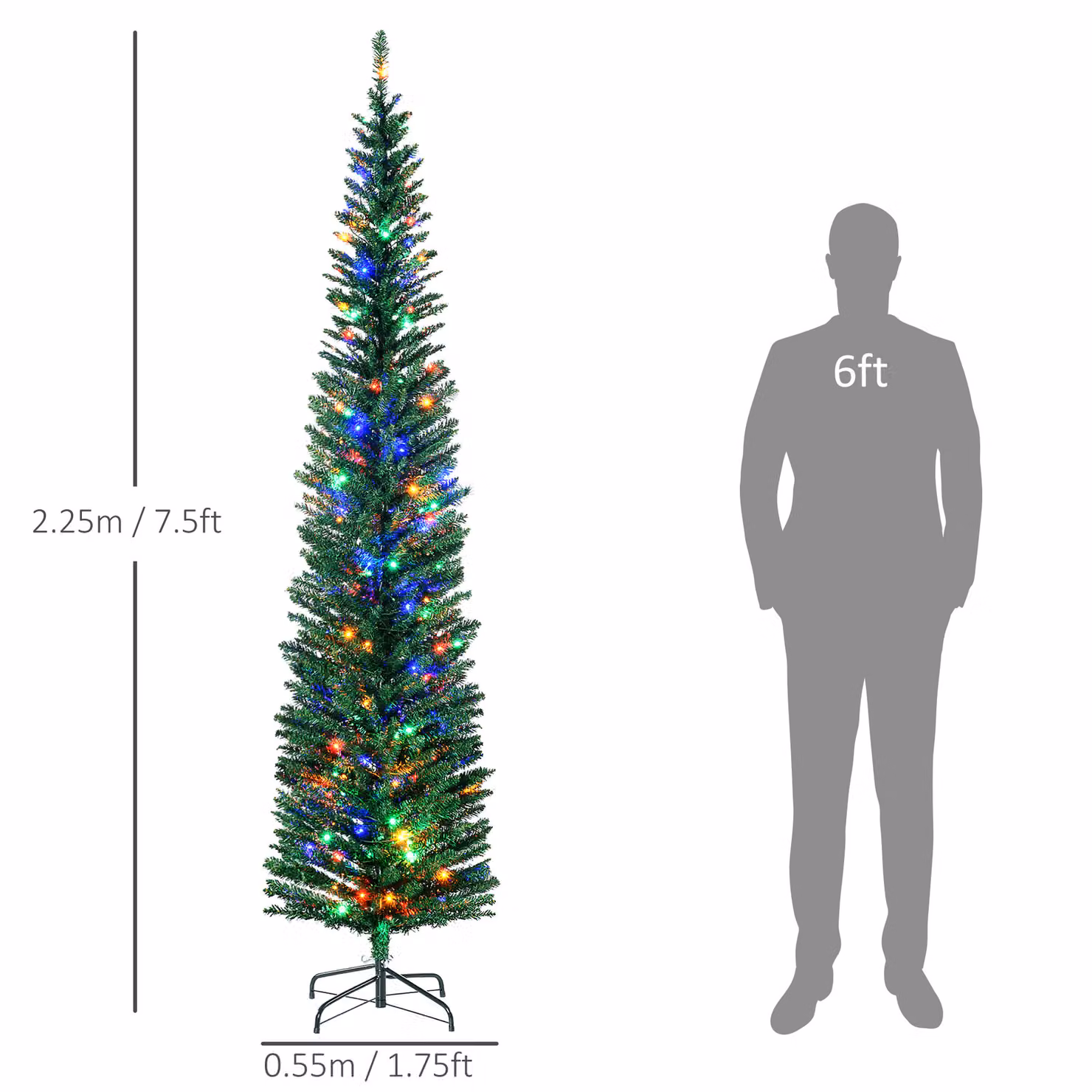 HOMCOM 7.5ft Pencil Shape Artificial Christmas Tree with Multicolour LED Lights in Green – 3