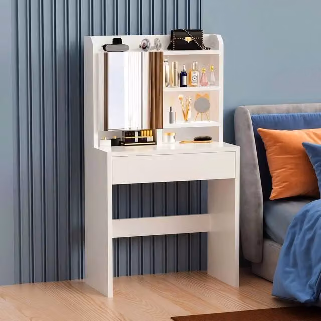 SPETLEK Modern White Dressing Table with Mirror, 7 Shelves and 1 Large Drawer, W/D/H: 70 x 135 x 0 cm