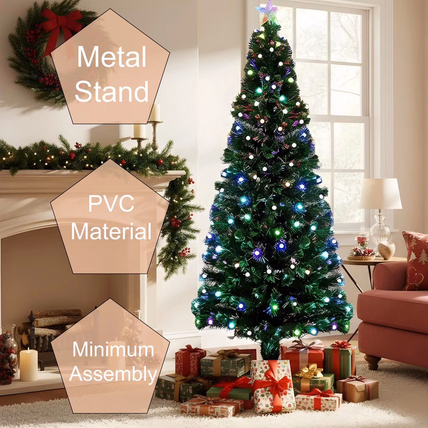 Shatchi Berries Balls Fibre Optic LED Pre-Lit Christmas Tree in Green with Multicolour Lights, Height: 120 cm – 7