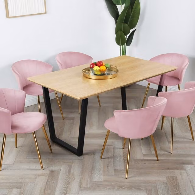 Home Garden Direct Oak Dining Table Set with 6 Pink Velvet Chairs and Gold Legs