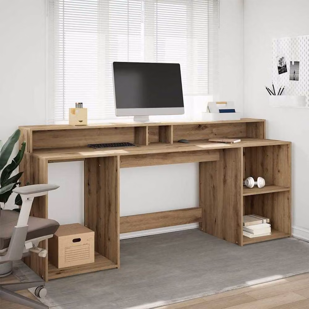 Berkfield Home Gaming Desk with LED Lights in Artisan Oak Brown, W/D/H: 200 x 55 x 91 cm – 2