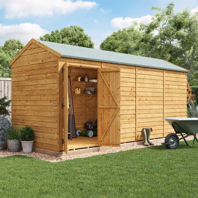 BillyOh Switch Overlap Apex Wooden Garden Shed in Brown with Double Doors and Gable Roof