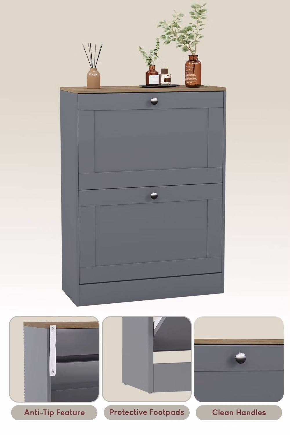 Vida Designs Modern Grey 2 Drawer Shoe Cabinet with Tilting Compartments – 4