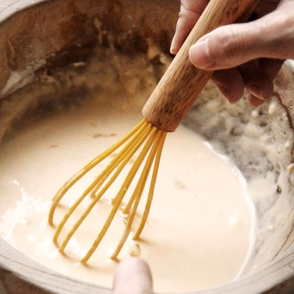 Pawnora Yellow Silicone Whisk with Non-Scratch Wooden Handle, Length: 30.48 cm – 2