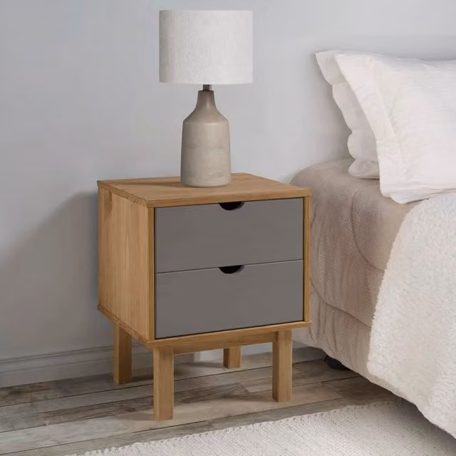 Berkfield Home OTTA Bedside Cabinet in Brown and Grey Solid Pine Wood W/D/H: 46 x 39.5 x 57 cm