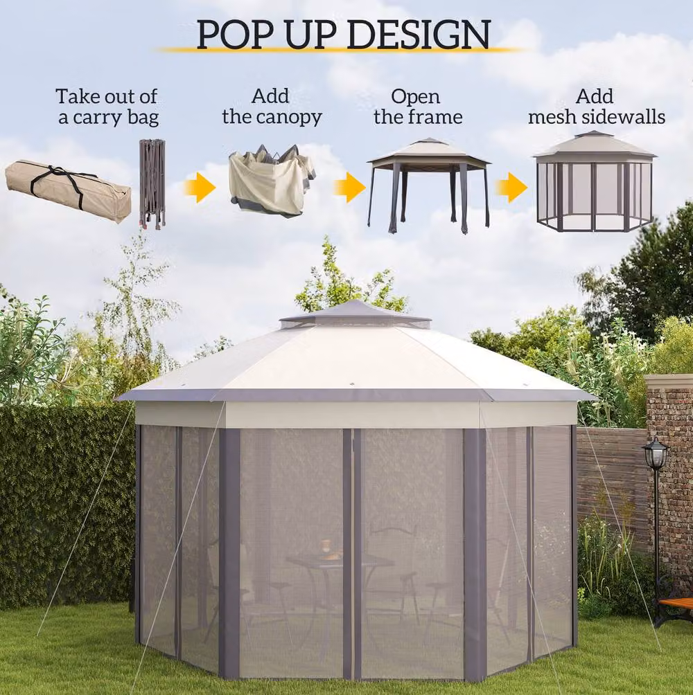 STILVORA Hexagon Gazebo with Mesh Curtains in Beige, W/D/H: 400 x 340 x 285 cm – 4