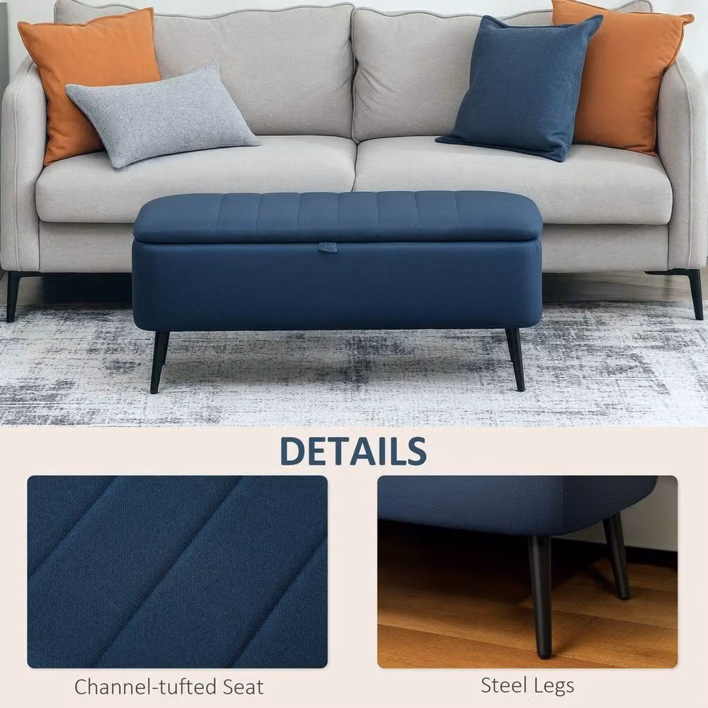 KORVIXA Blue Linen Fabric Storage Ottoman Bench – 4