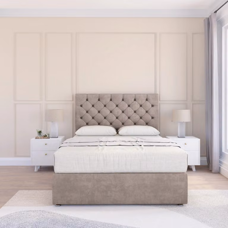 Sloomy Mayfair Super King Divan Bed Base with 26 inch Struts Headboard in Beige Fabric, W/D/H: 200 x 200 cm