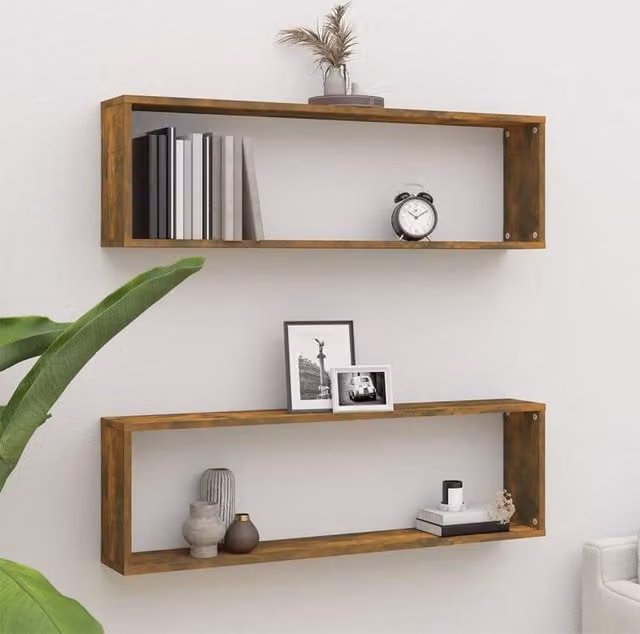 Berkfield Home Wall Mounted Cube Shelves, 2 Piece Set, Smoked Oak Brown, W/D/H: 100 x 15 x 30 cm – 1
