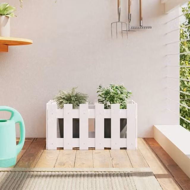 Berkfield Home Garden Planter with Fence Design in White, Solid Wood and Plastic, W: 60 cm, D: 30 cm, H: 30 cm – 1