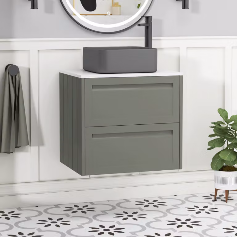 Royal Bathrooms Elmore Wall Hung Vanity Unit with 2 Drawers, Matt Green Finish and Plain White Worktop with Art Square Basin, Width: 60 cm