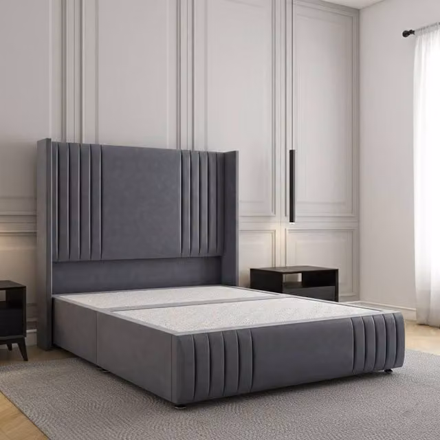 REGIONAL FURNISHINGS Super King Divan Bed with Upholstered Velvet Headboard and Footboard in Grey, W/D/H: 200 x 160 x 137 cm