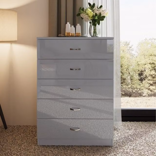 FWStyle High Gloss Tall 5 Drawer Chest of Drawers in Grey