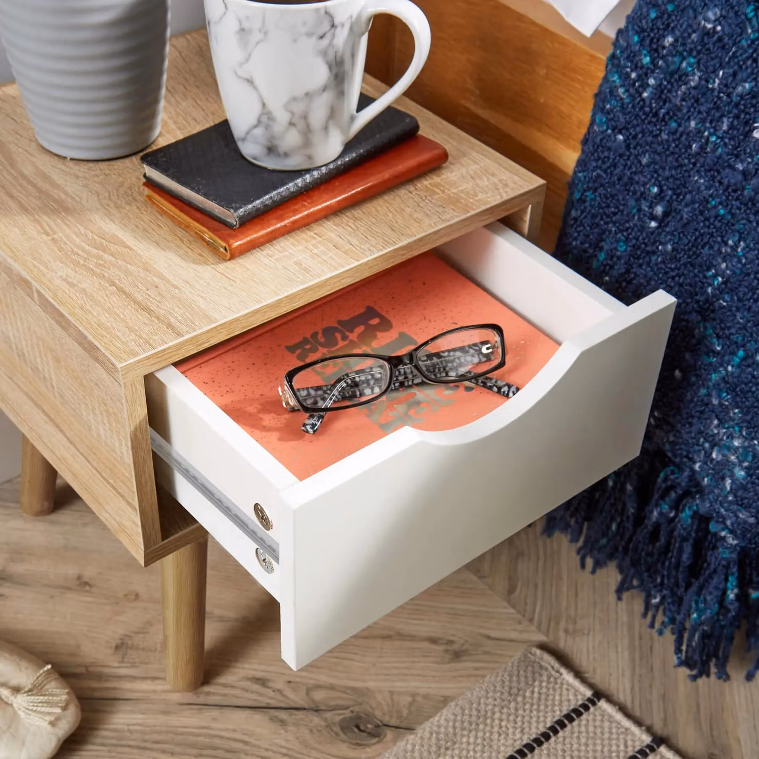 Home Source Oak and White Bedside Cabinet with 1 Drawer and Wooden Legs – 3