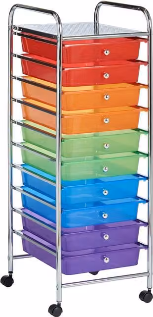 VonHaus Multicolour Plastic and Metal Storage Trolley with 10 Drawers and Castors