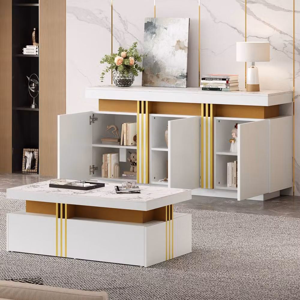 Matteo Modern White and Gold Marble Pattern Living Room Furniture Set with Media Compartments – 3