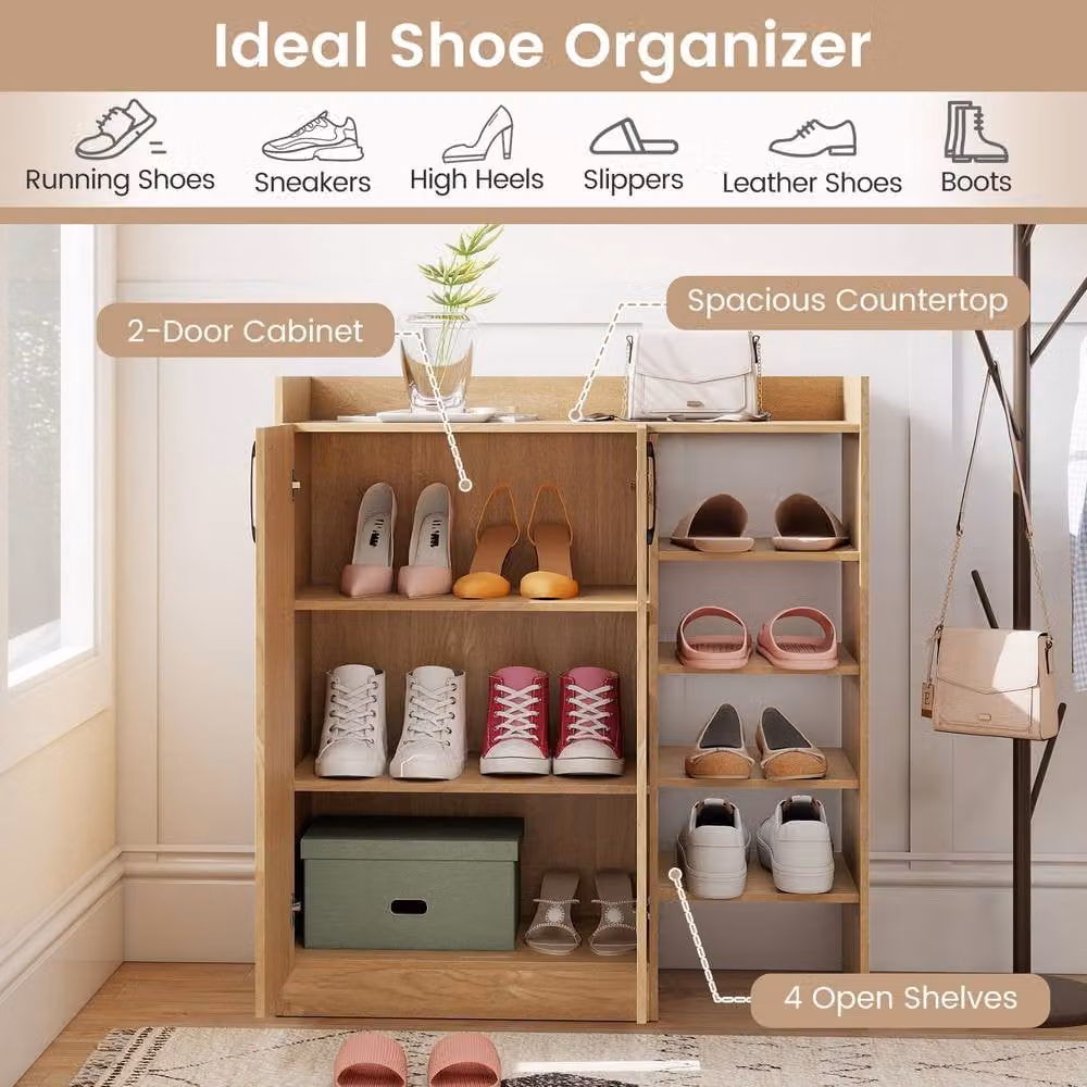 Gymax Modern 2-Door Shoe Cabinet with Adjustable Internal Shelves in Natural Brown – 4