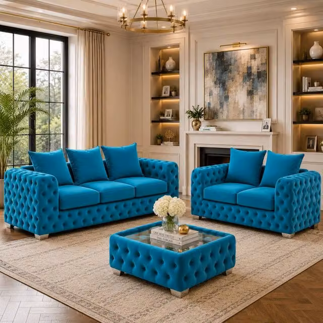 Stratus Interiors Ashley Scatter Back Chesterfield Fabric Sofa 2 and 3 Seater Set in Petrol