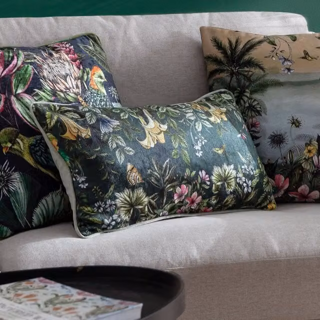 Wylder Tropics Leilani Floral Chenille Cushion, Multicolour and Blue, W: 50 cm, H: 30 cm, D: 30 cm