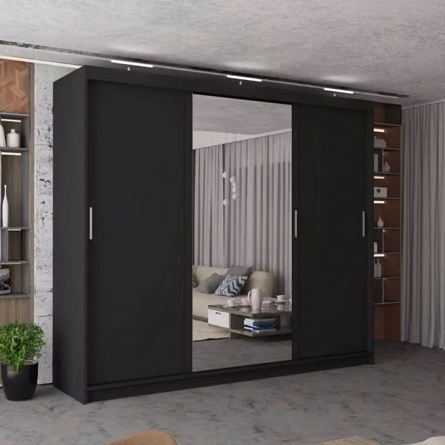 MN Furniture Modern 3 Door Sliding Wardrobe with LED Lighting, Mirror and Internal Drawers, Black, Width: 250 cm