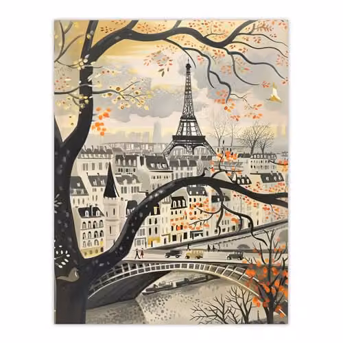 Artery8 Vintage Autumn in Paris Cityscape Eiffel Tower Unframed Paper Wall Art Poster, Multicolour – 1