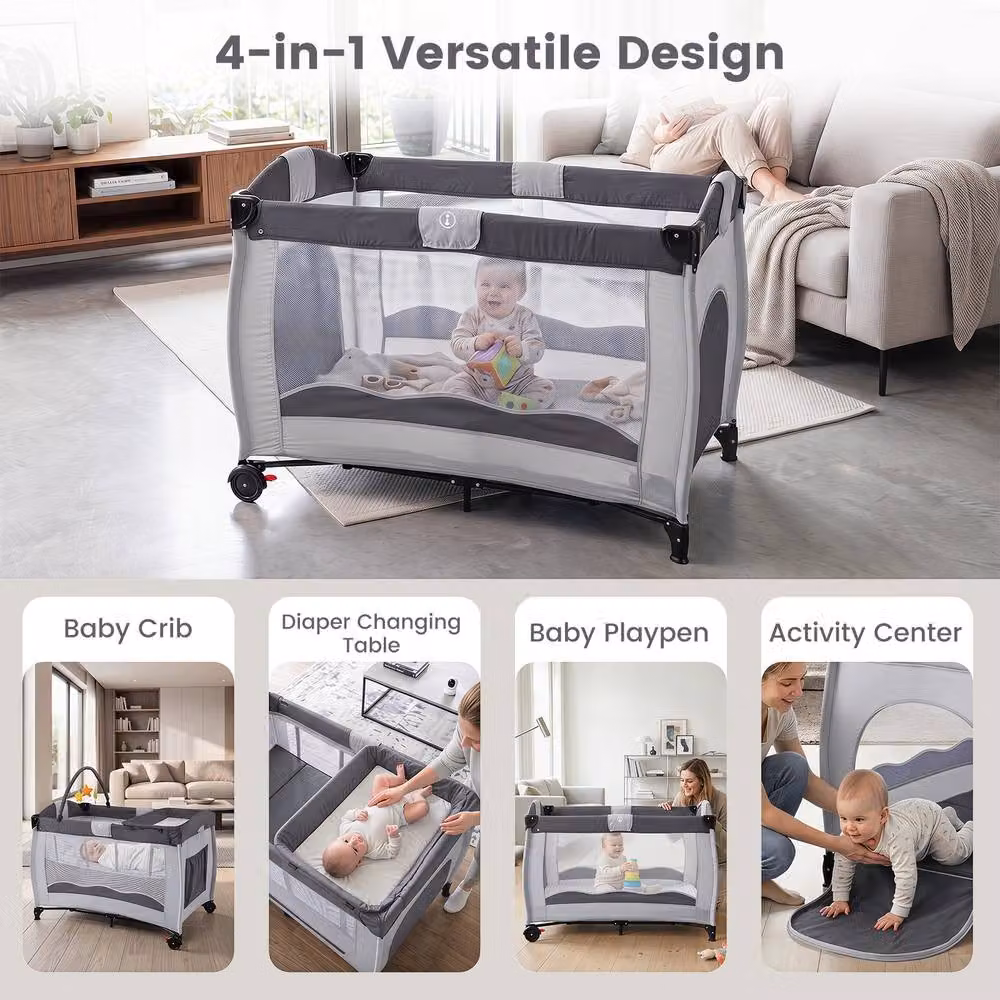 Gymax Folding Playpen in Grey with Diaper Changing Table, 2 Lockable Wheels and 3 Hanging Toys – 4