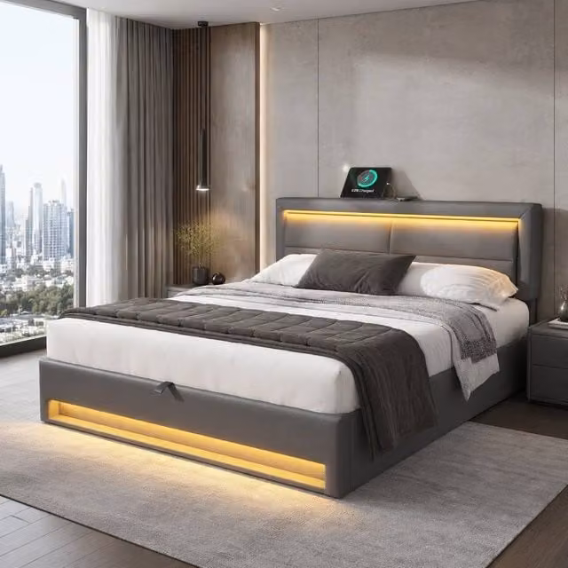STILVORA Grey Upholstered King Size Bed with USB Charging Ports, LED Under-Bed Lighting and Lift-Up Storage Base, W/D/H: 180 x 200 cm – 1