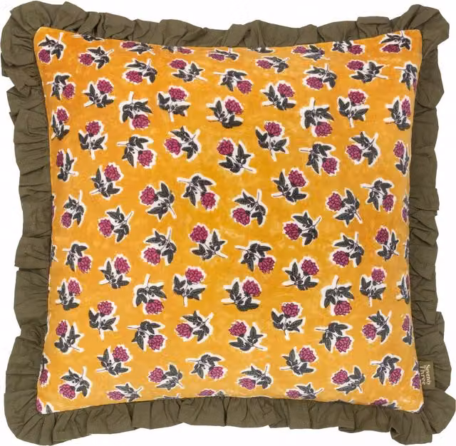 Kemble Floral Printed Square Cushion in Gold and Yellow with Feather and Polyester Filling