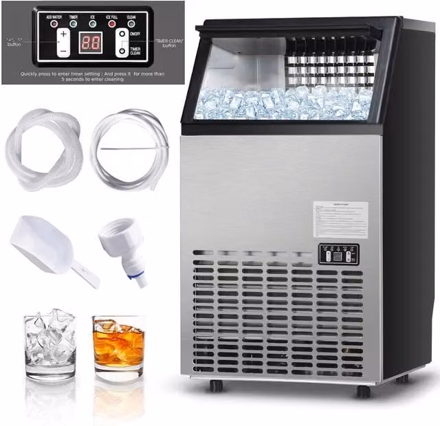 Costway Commercial Ice Cube Making Machine with Self-Cleaning Function, Silver and Multicolour Stainless Steel – 1