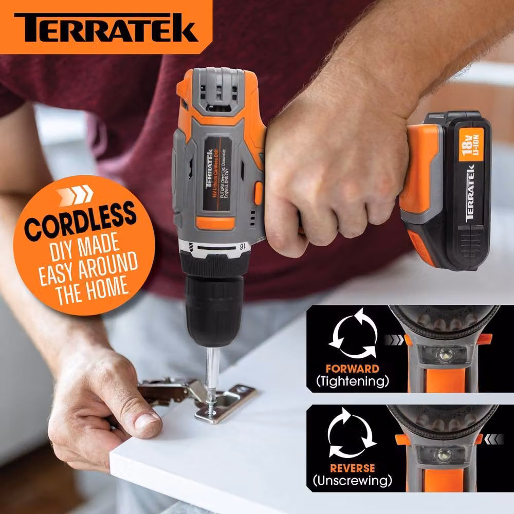 Terratek 18V Cordless Power Drill and Screwdriver Set with Battery and Drill Bits in Grey and Orange – 4