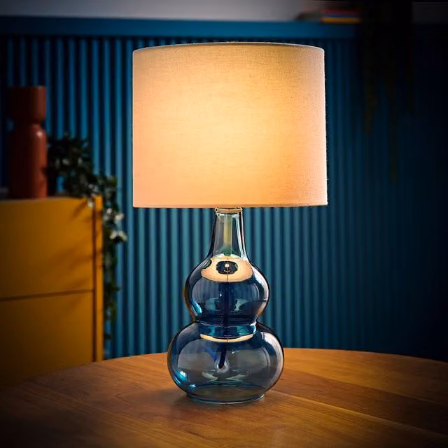 ValueLights Aida Bubble Glass Table Lamp with Beige Fabric Shade and Blue LED Bulb