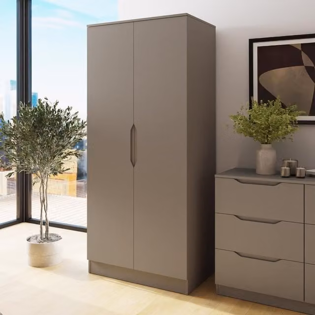 FWStyle Modern 2 Door Wardrobe with Hanging Rail and Top Storage in Matt Putty