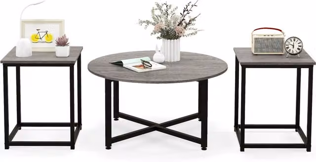 COSTWAY Round Sofa Side Table with 2 Square End Tables, Grey Metal Geometric Design