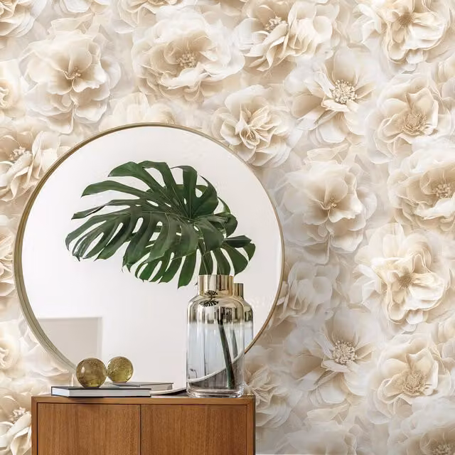 Debona Soft Floral Bloom Modern Botanical Mural in Pink, Grey, Beige and White