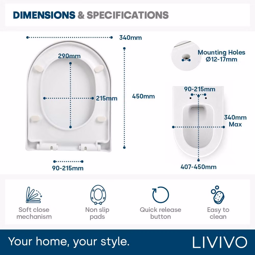 LIVIVO D Shaped Soft Close Toilet Seat in White with Quick Release Button – 5