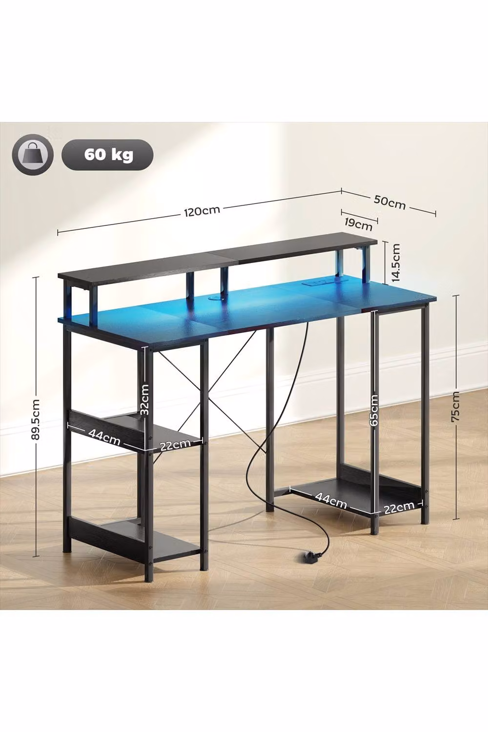 ERGOVEXA LED Computer Desk with Power Outlets and Shelves, Black, W 120 x D 60 x H 76.7 cm – 2
